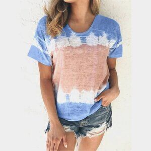 Women Printed Tops Loose Casual Short Sleeve Gradient T-Shirt Tie-Dye Blouse XXL